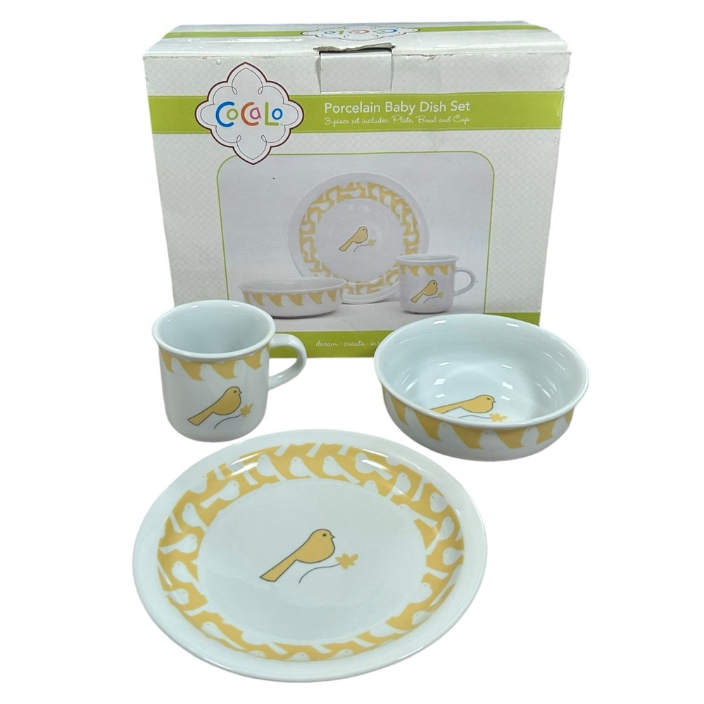 Cocalo Porcelain Yellow Bird Baby Children’s Dish Set Plate Bowl Cup